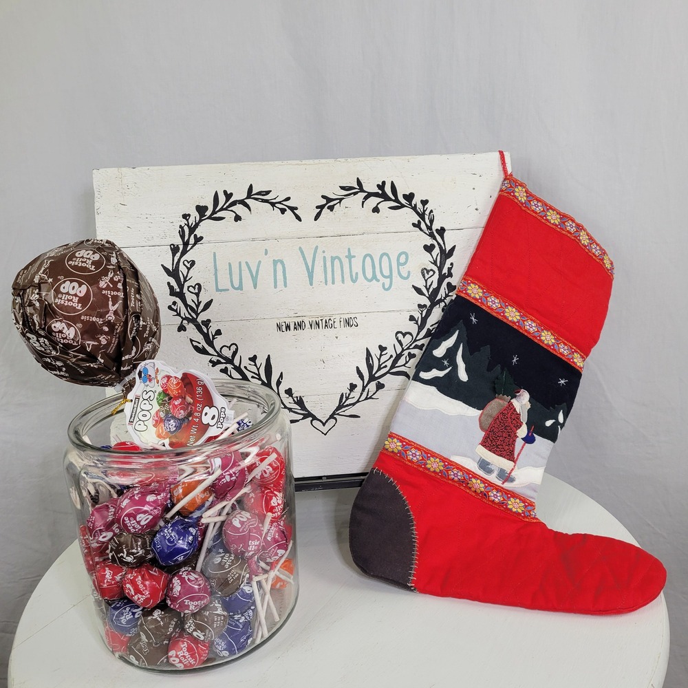 Vintage Quilted Christmas Stocking Father Christmas Winter Village Scene Red